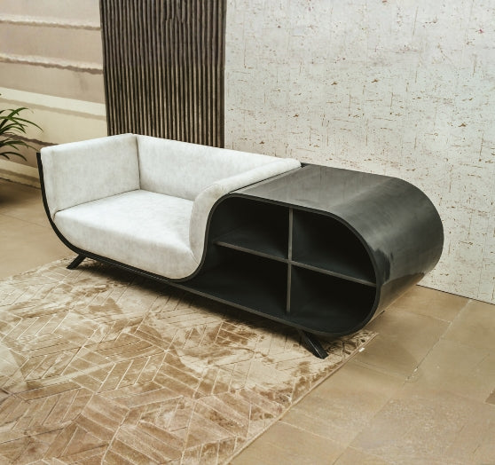 WaveLounge – Stylish Sofa with Integrated Shelves for Modern Living.