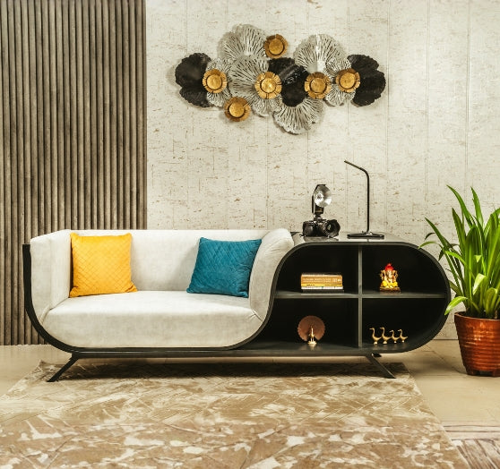 WaveLounge – Stylish Sofa with Integrated Shelves for Modern Living.